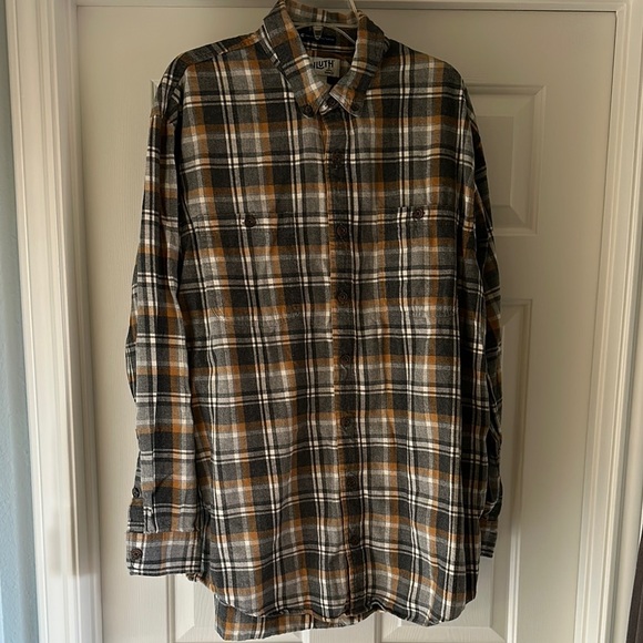 Duluth Trading Co Plaid Button Up Cotton Shirt Gray Tan White Mens XL Tall - Picture 1 of 8